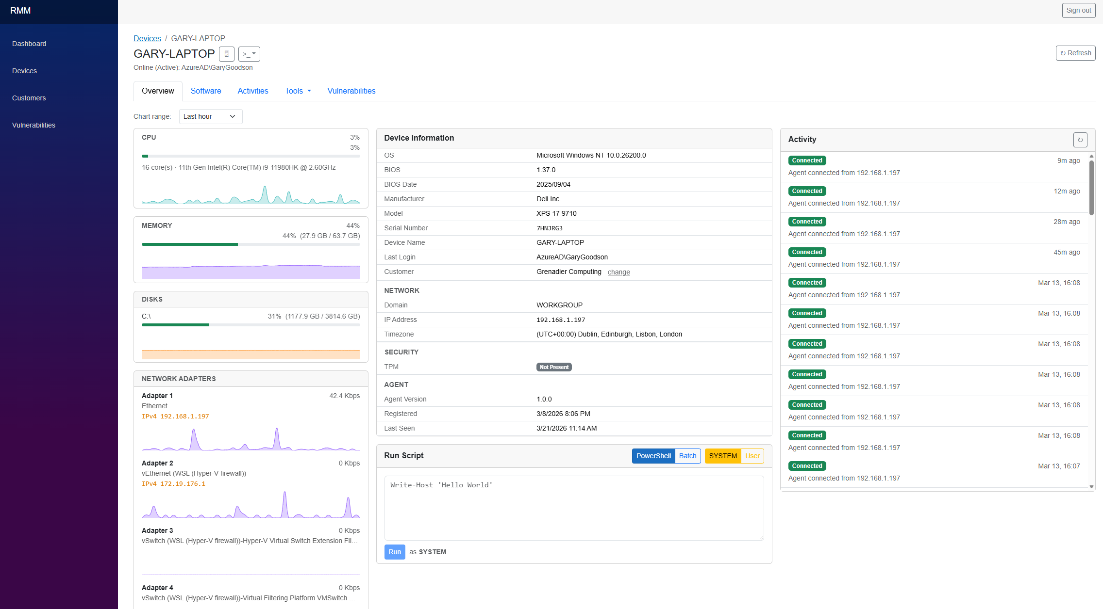 Device detail with metrics and hardware info