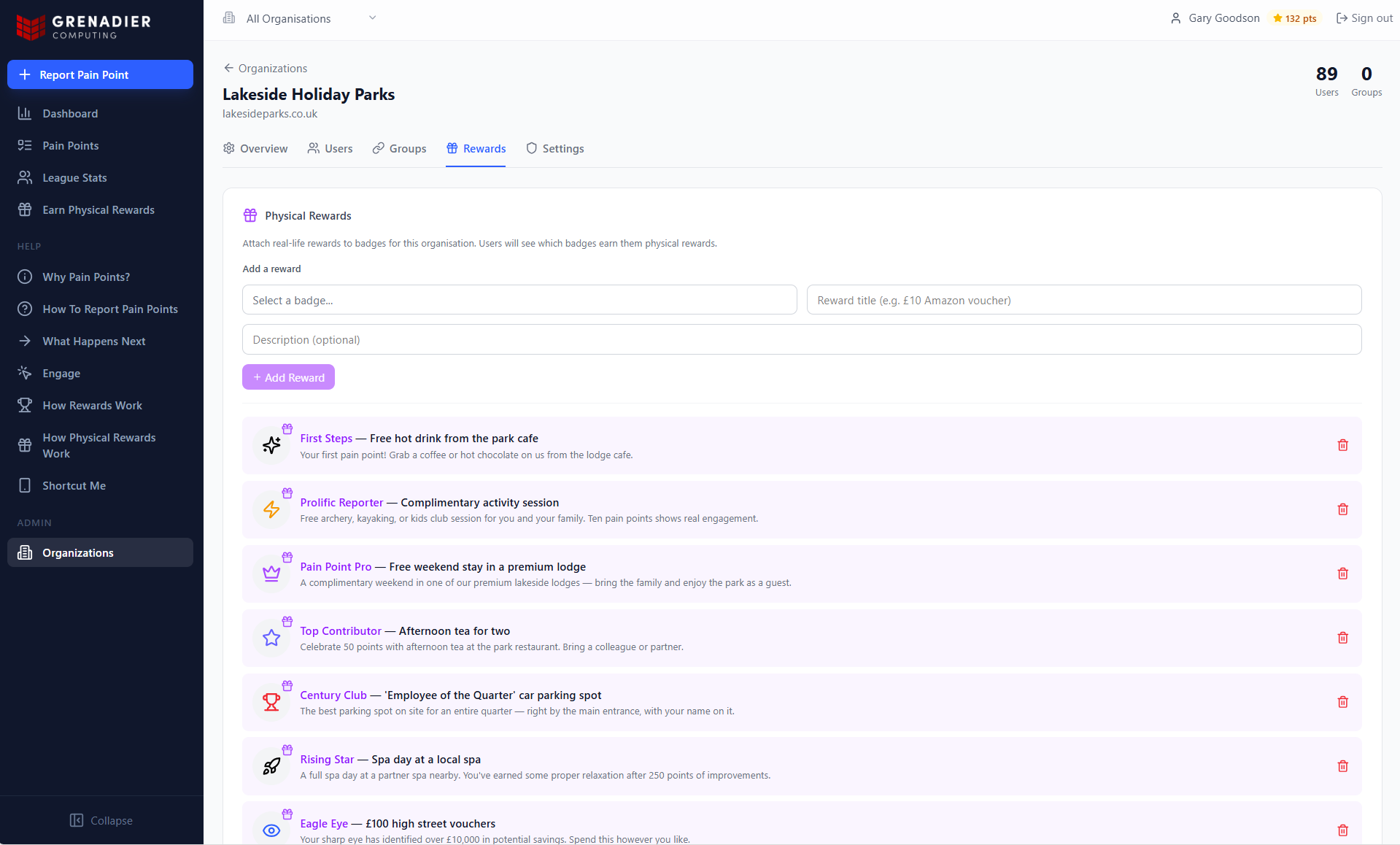Admin rewards management